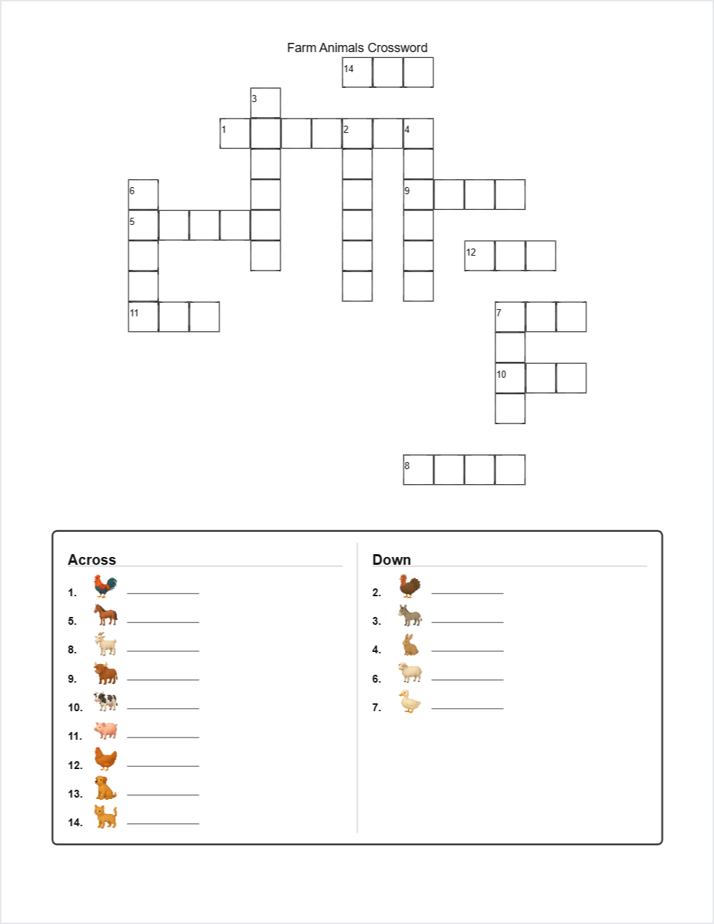 🐄 Farm Animals crossword — printable worksheet preview — for Kindergarten, 1st Grade, 2nd Grade