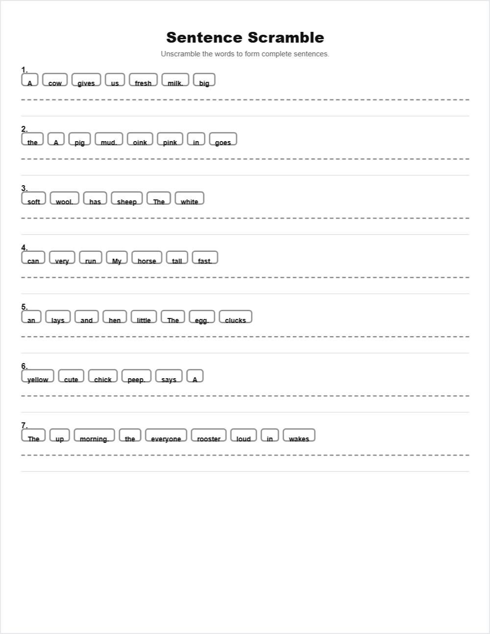 🐄 Farm Animals sentence scramble — printable worksheet preview — for Kindergarten, 1st Grade, 2nd Grade