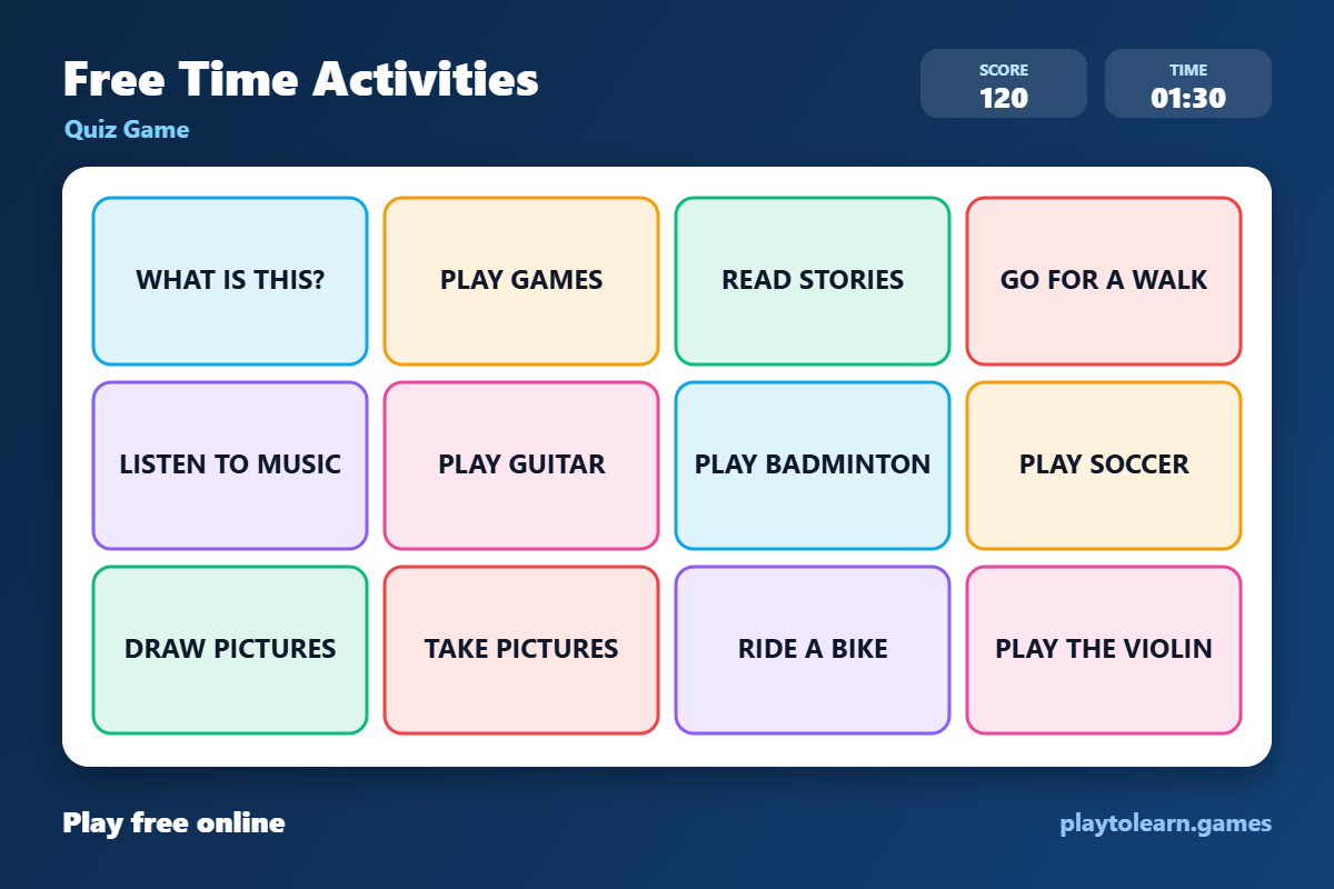 🎮 Hobbies and Free Time quiz game — printable worksheet preview — for Kindergarten, 1st Grade, 2nd Grade, 3rd Grade, 4th Grade, 5th Grade