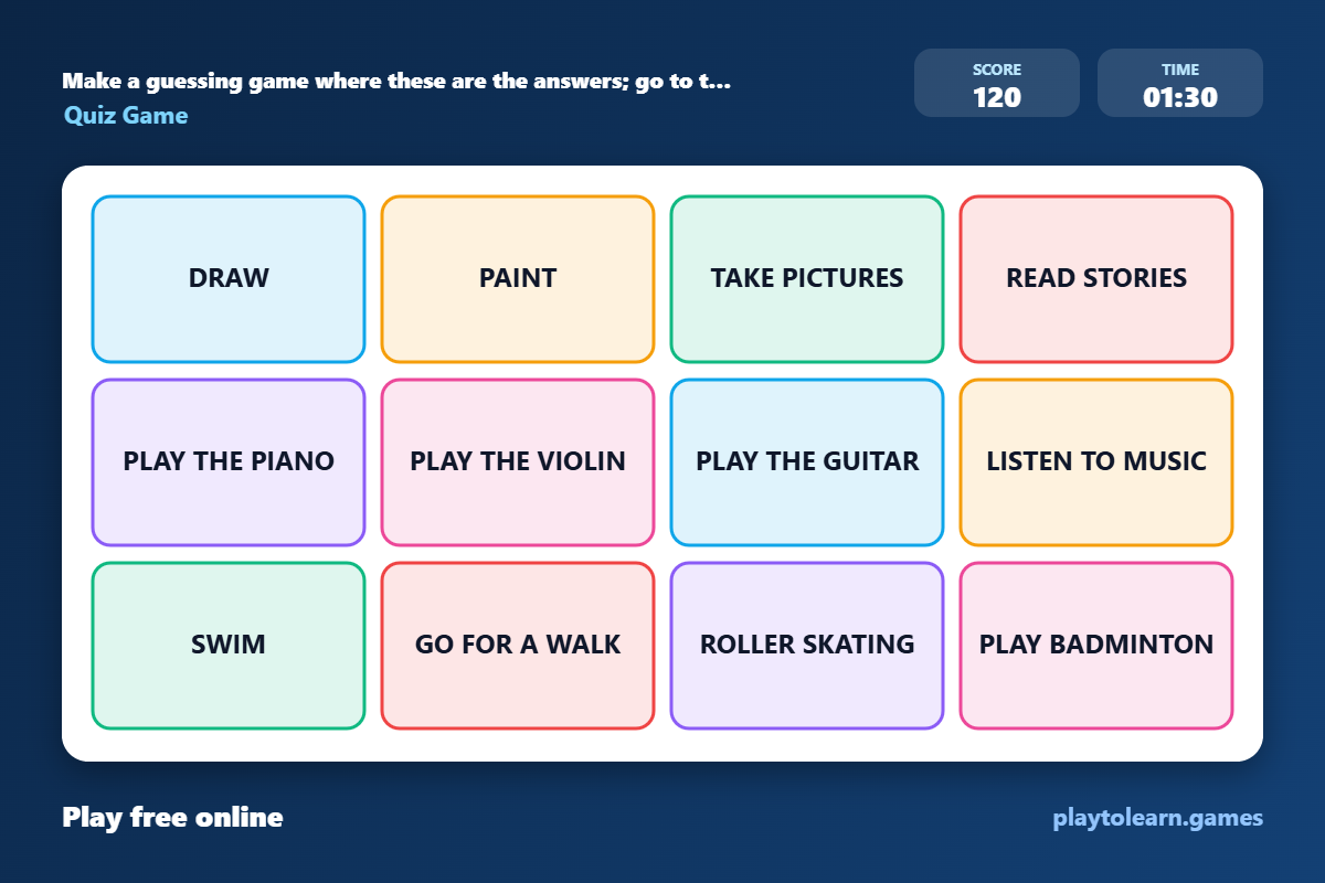 🎮 Hobbies and Free Time quiz game — printable worksheet preview — for 2nd Grade, 3rd Grade, 4th Grade, 5th Grade