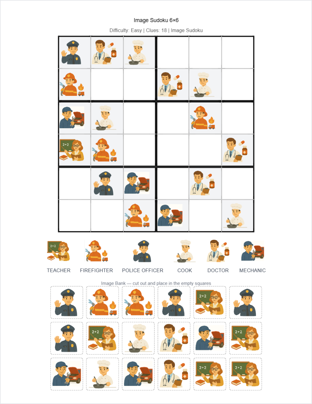 💼 jobs and occupations sudoku — printable worksheet preview — for 1st Grade, 2nd Grade, Kindergarten