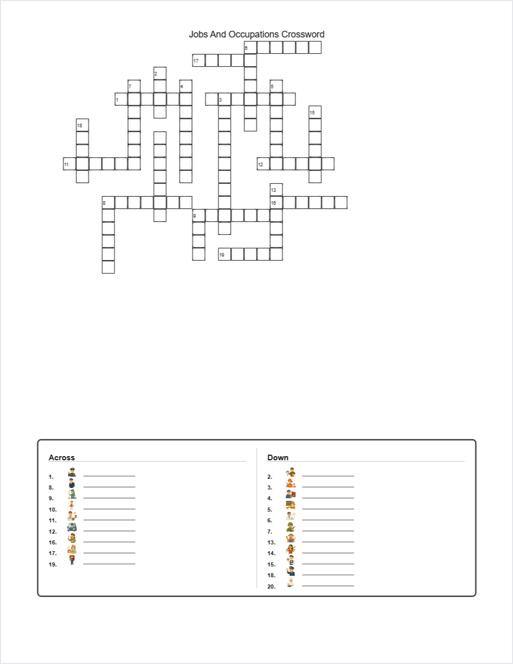 💼 jobs and occupations crossword — printable worksheet preview — for 1st Grade, 2nd Grade, 3rd Grade