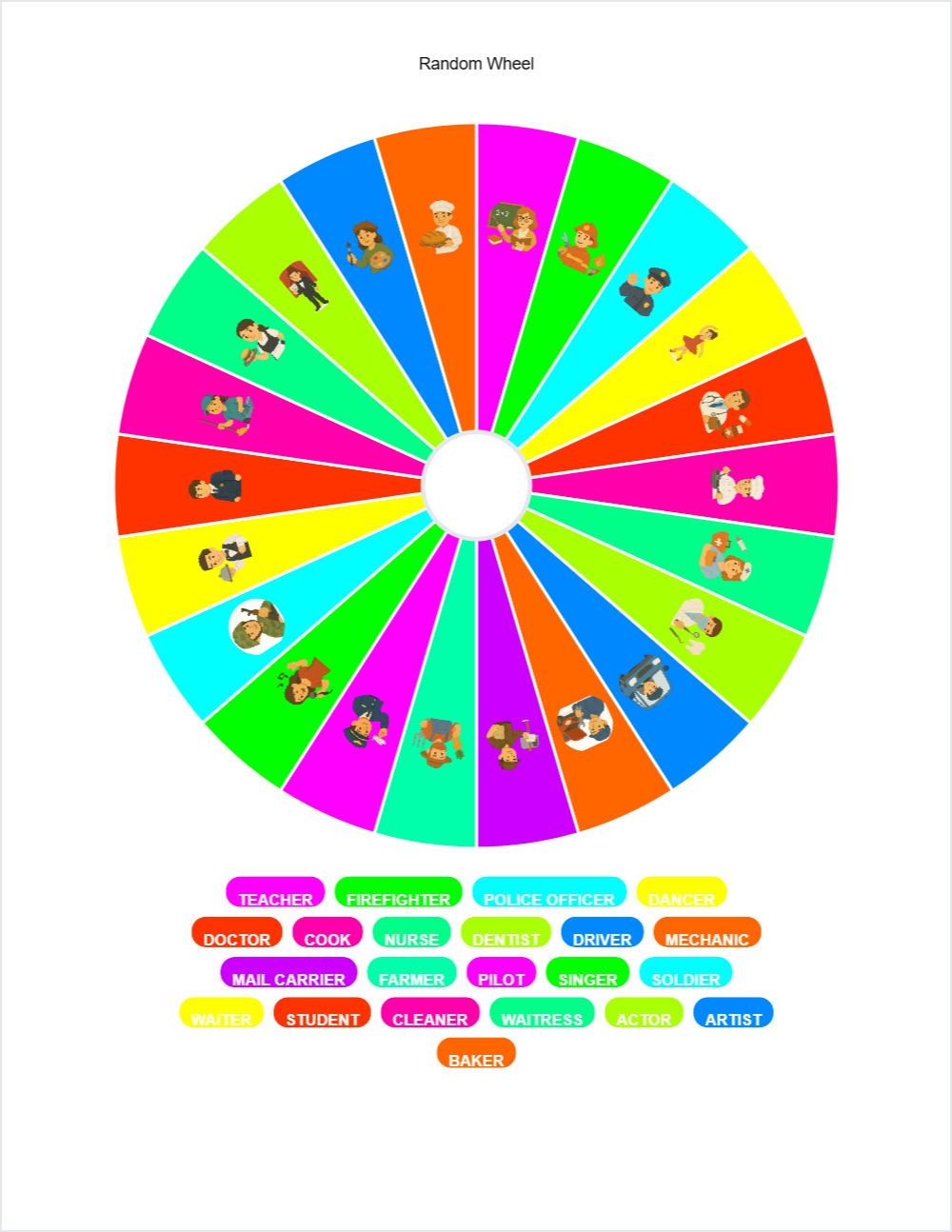 💼 jobs and occupations randomwheel — printable worksheet preview — for Kindergarten, 1st Grade, 2nd Grade