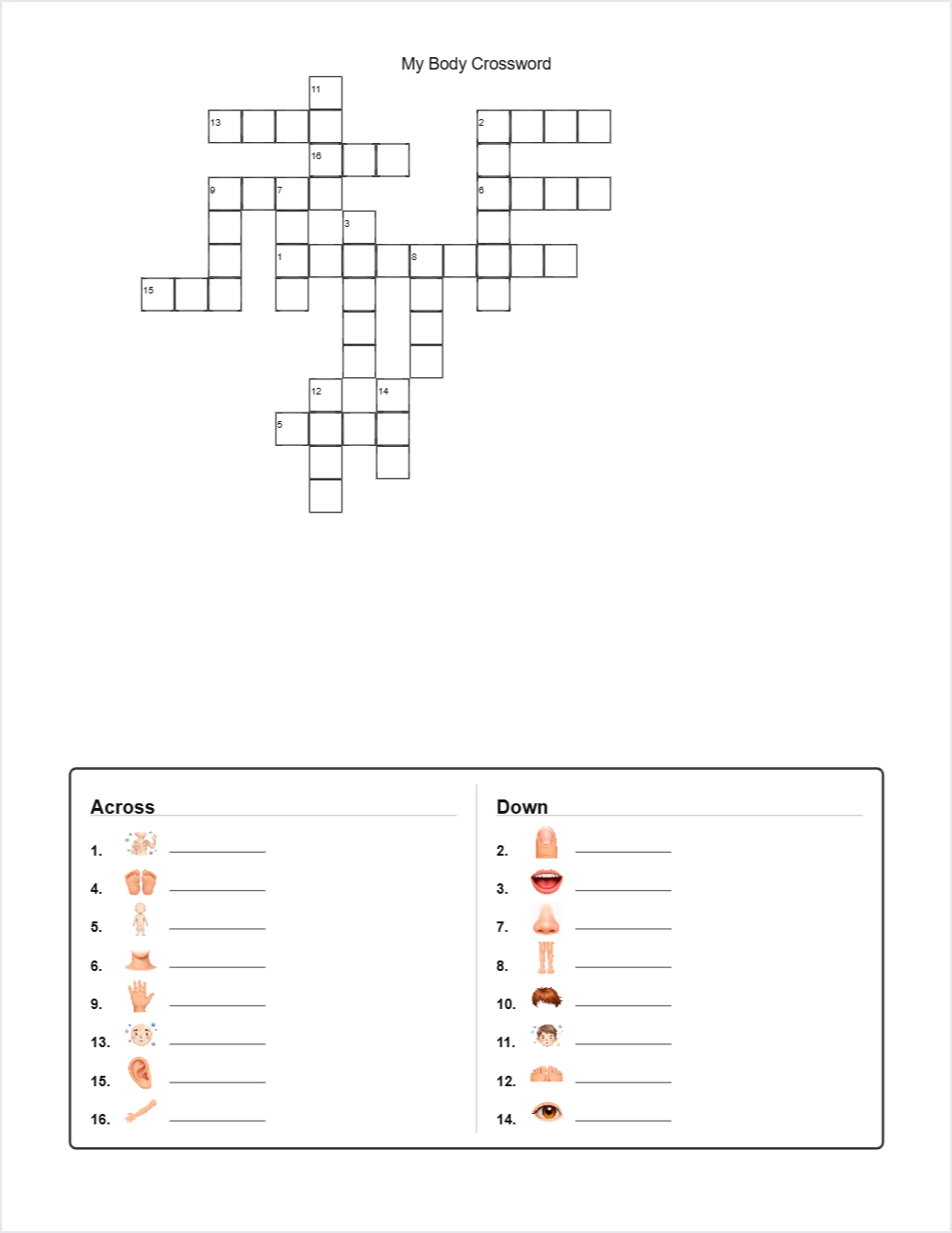 🧍♀️ My Body crossword — printable worksheet preview — for Kindergarten, 1st Grade, 2nd Grade