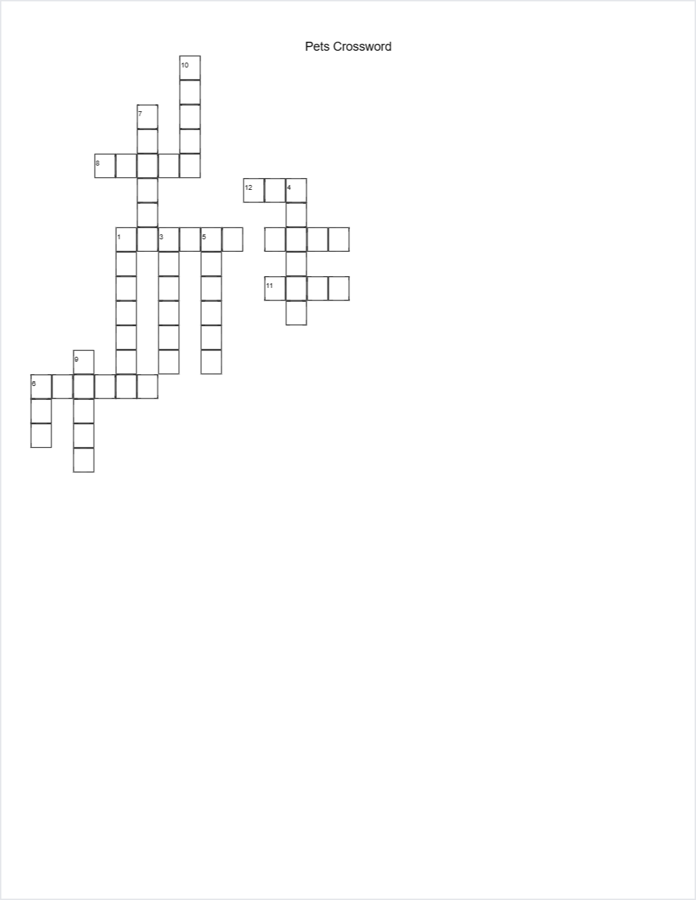 Pets crossword — printable worksheet preview — for Kindergarten, 1st Grade