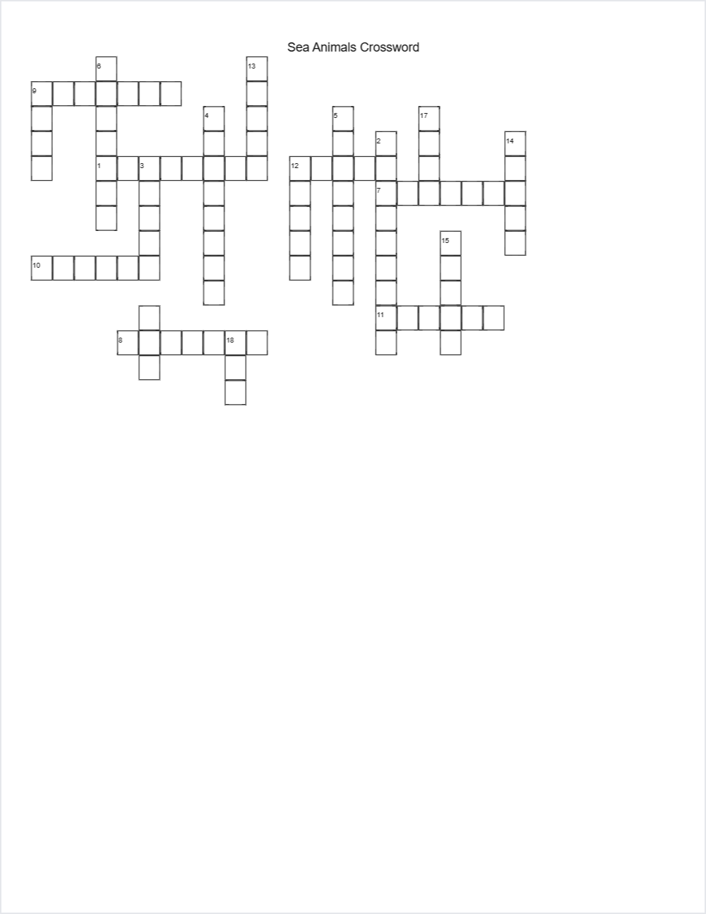 🐠 Sea Animals crossword — printable worksheet preview — for Kindergarten, 1st Grade, 2nd Grade