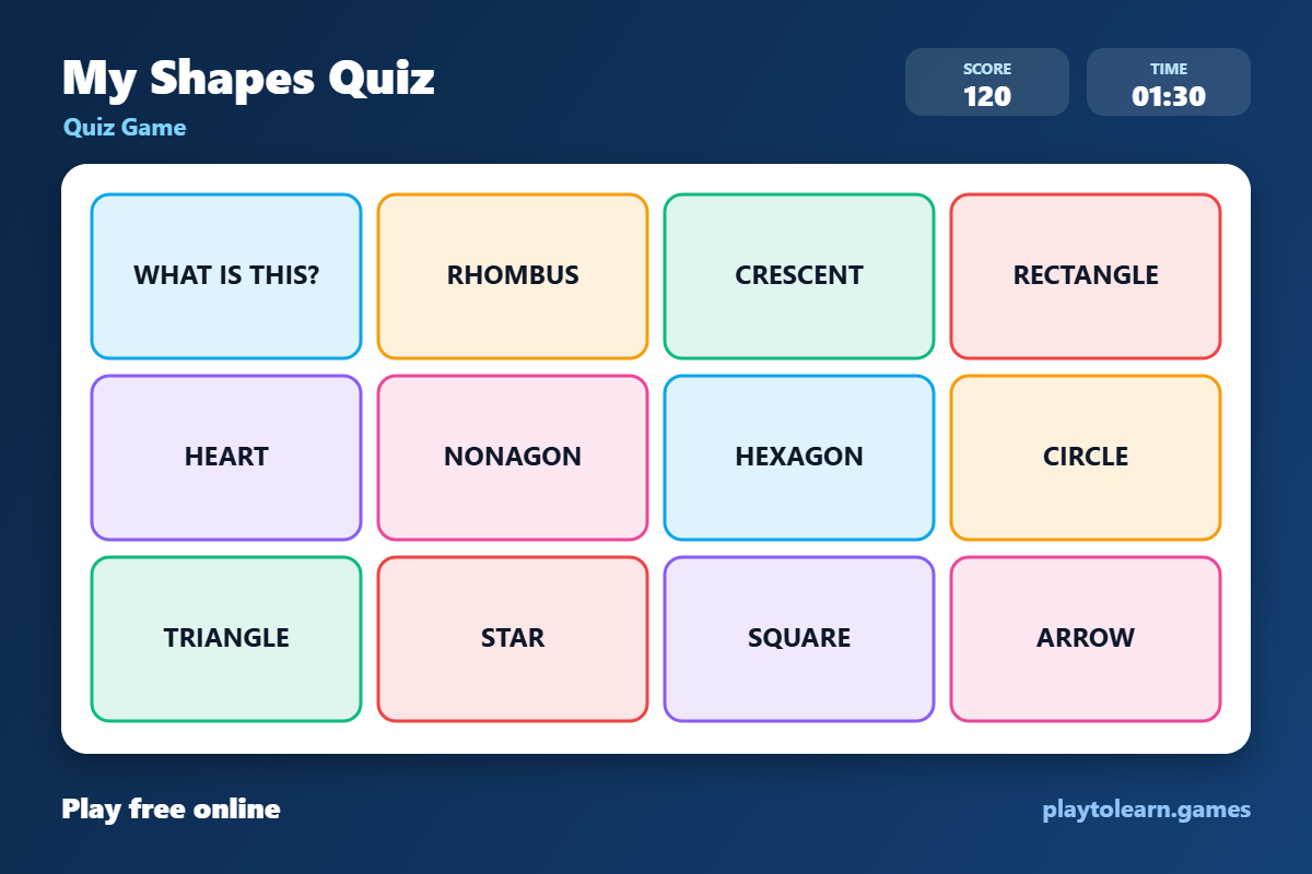 🔷 Shapes quiz game — printable worksheet preview — for 1st Grade, 2nd Grade, 3rd Grade
