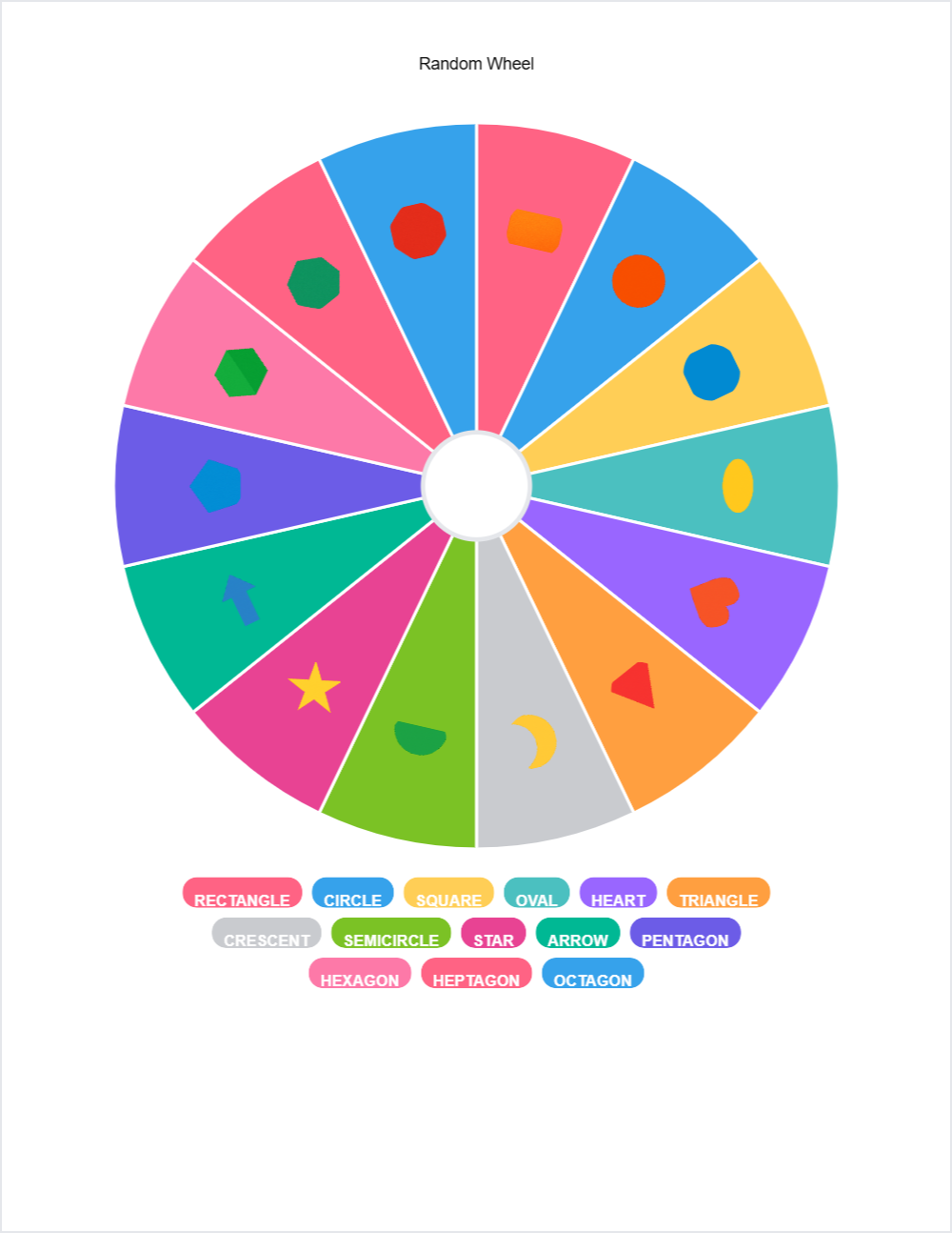 🔷 Shapes randomwheel — printable worksheet preview — for Pre-K, Kindergarten, 1st Grade