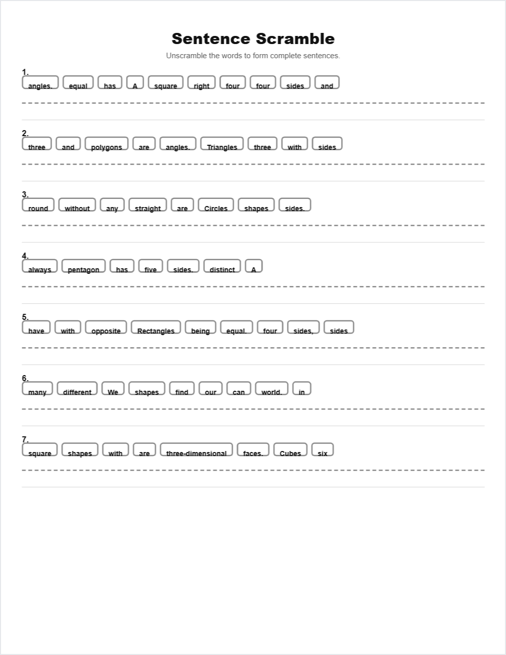 🔷 Shapes sentence scramble — printable worksheet preview — for 2nd Grade, 3rd Grade, 4th Grade, 5th Grade