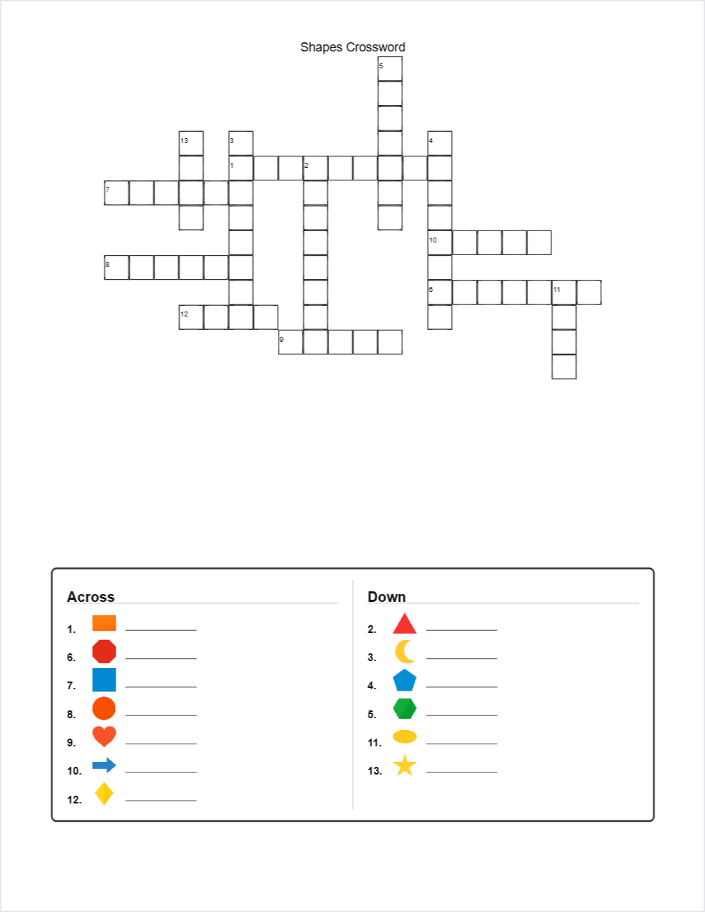 🔷 Shapes crossword — printable worksheet preview — for Kindergarten, 1st Grade, 2nd Grade
