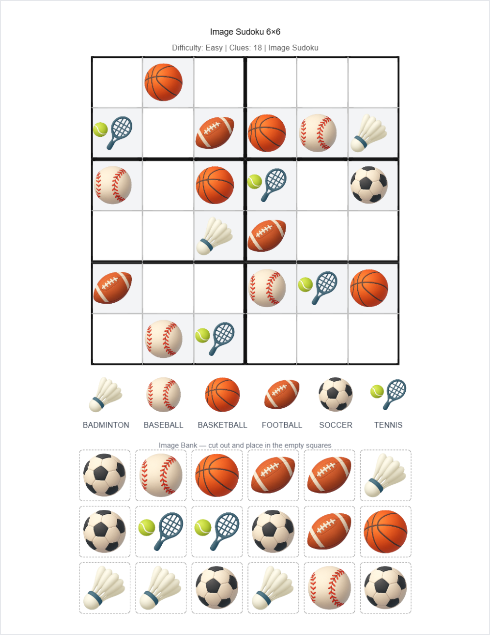 ⚽ Sports sudoku — printable worksheet preview — for Kindergarten, 1st Grade, 2nd Grade