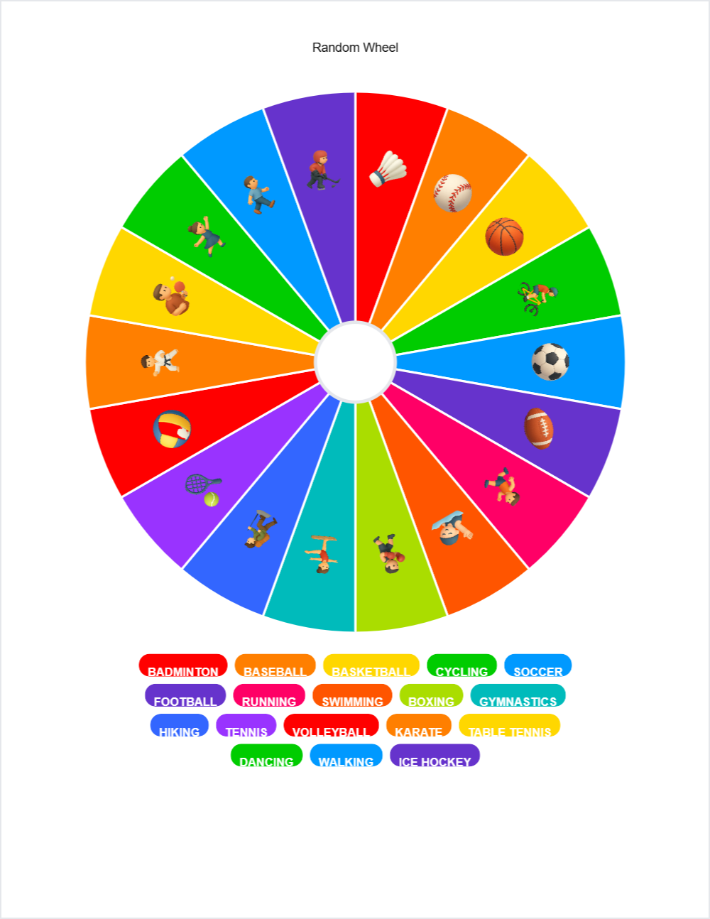 ⚽ Sports randomwheel — printable worksheet preview — for Kindergarten, 1st Grade, 2nd Grade