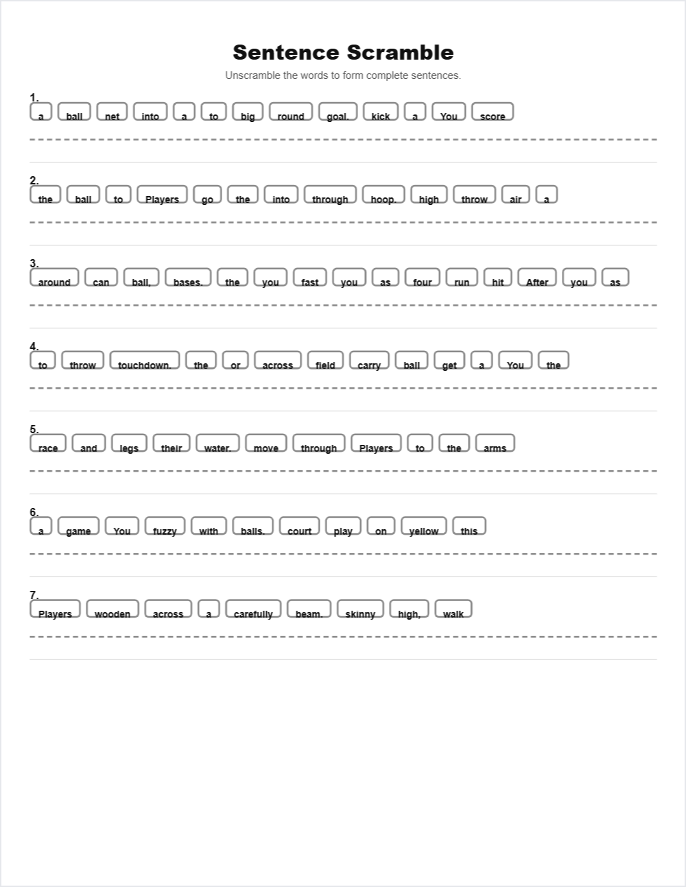 ⚽ Sports sentence scramble — printable worksheet preview — for 1st Grade, 2nd Grade, 3rd Grade, 4th Grade