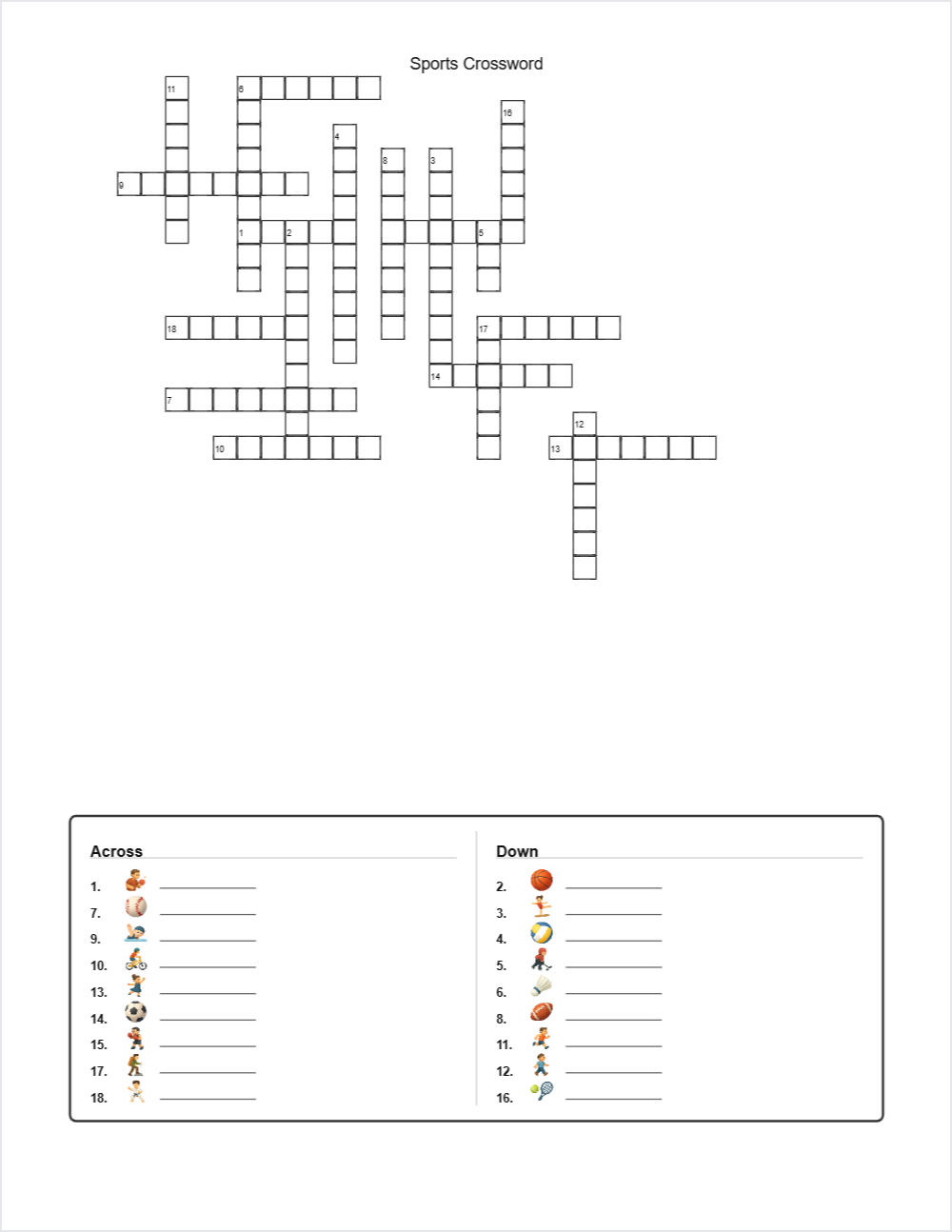 ⚽ Sports crossword — printable worksheet preview — for 1st Grade, 2nd Grade, 3rd Grade