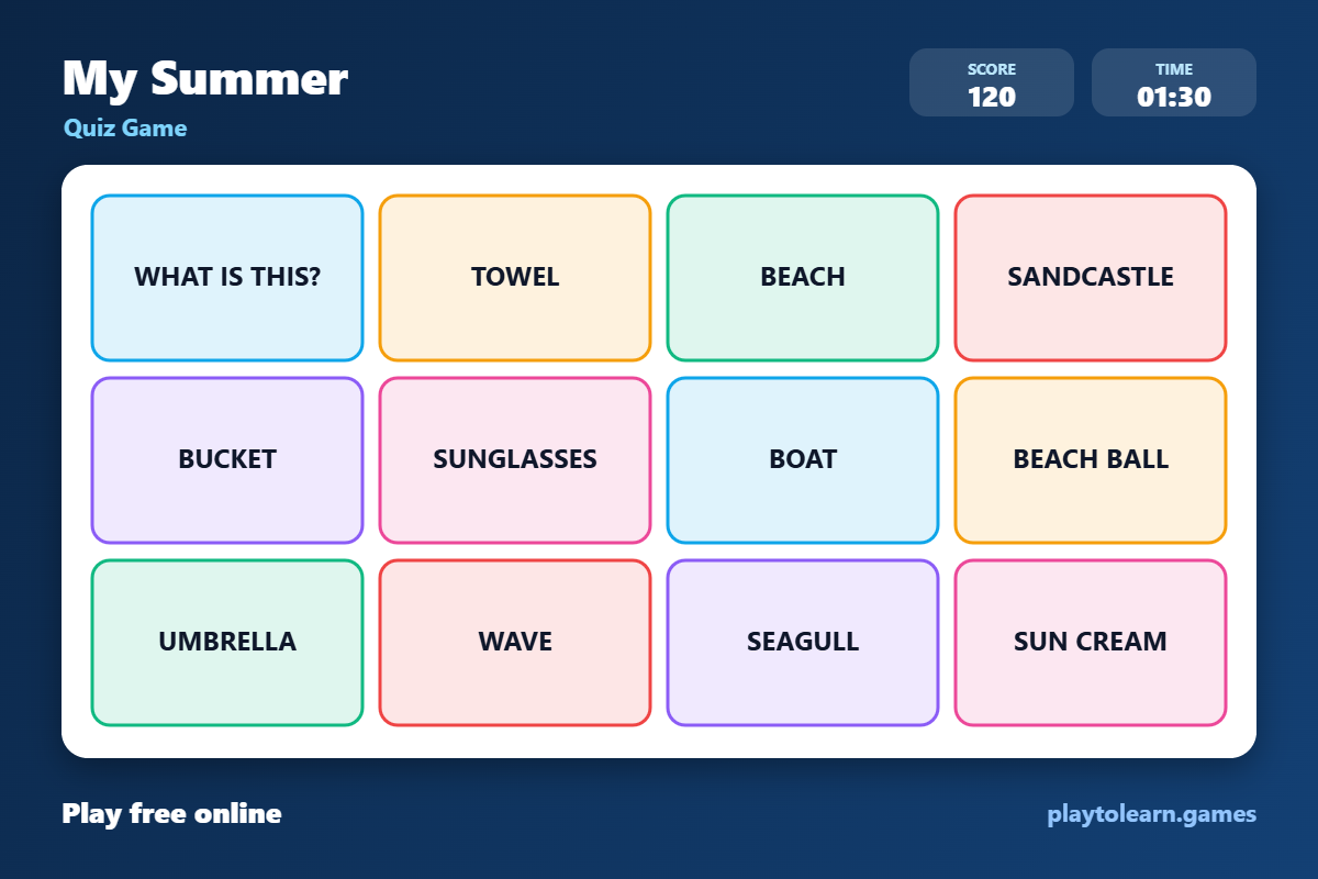 Summer & Beach quiz game — printable worksheet preview — for Kindergarten, 1st Grade, 2nd Grade