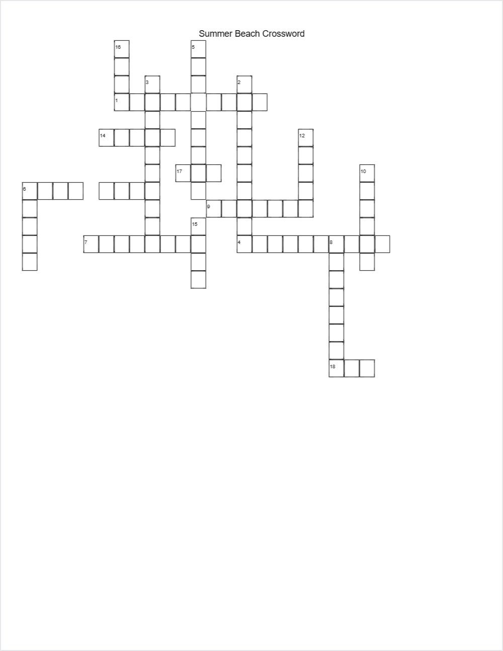 Summer & Beach crossword — printable worksheet preview — for Kindergarten, 1st Grade, 2nd Grade