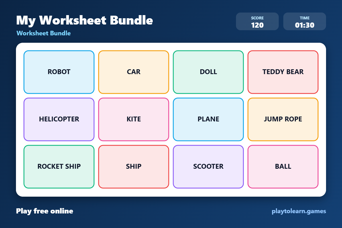 🪁 Toys and Games worksheet bundle — printable worksheet preview — for 1st Grade, Kindergarten, 2nd Grade, 3rd Grade