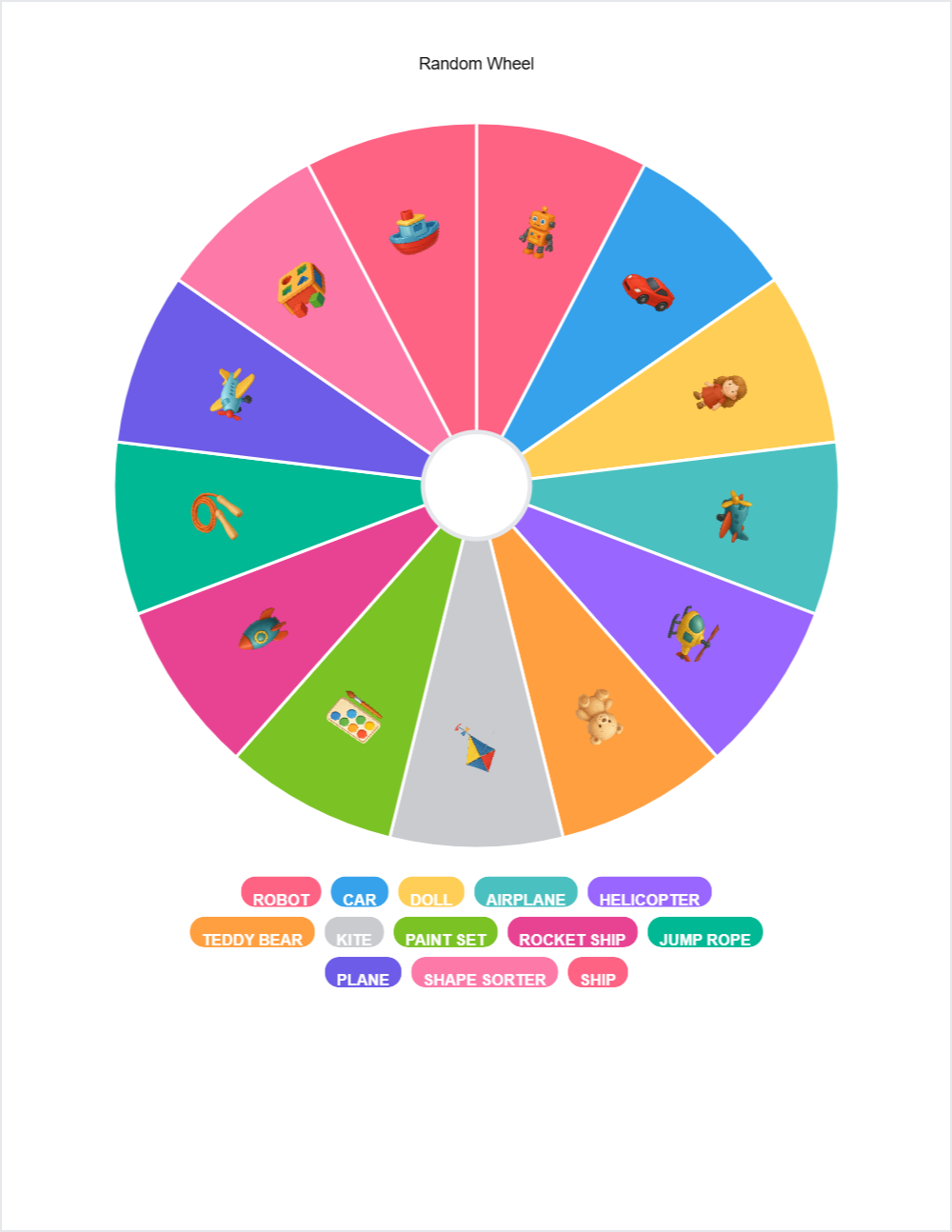 🪁 Toys and Games randomwheel — printable worksheet preview — for Pre-K, Kindergarten, 1st Grade, 2nd Grade