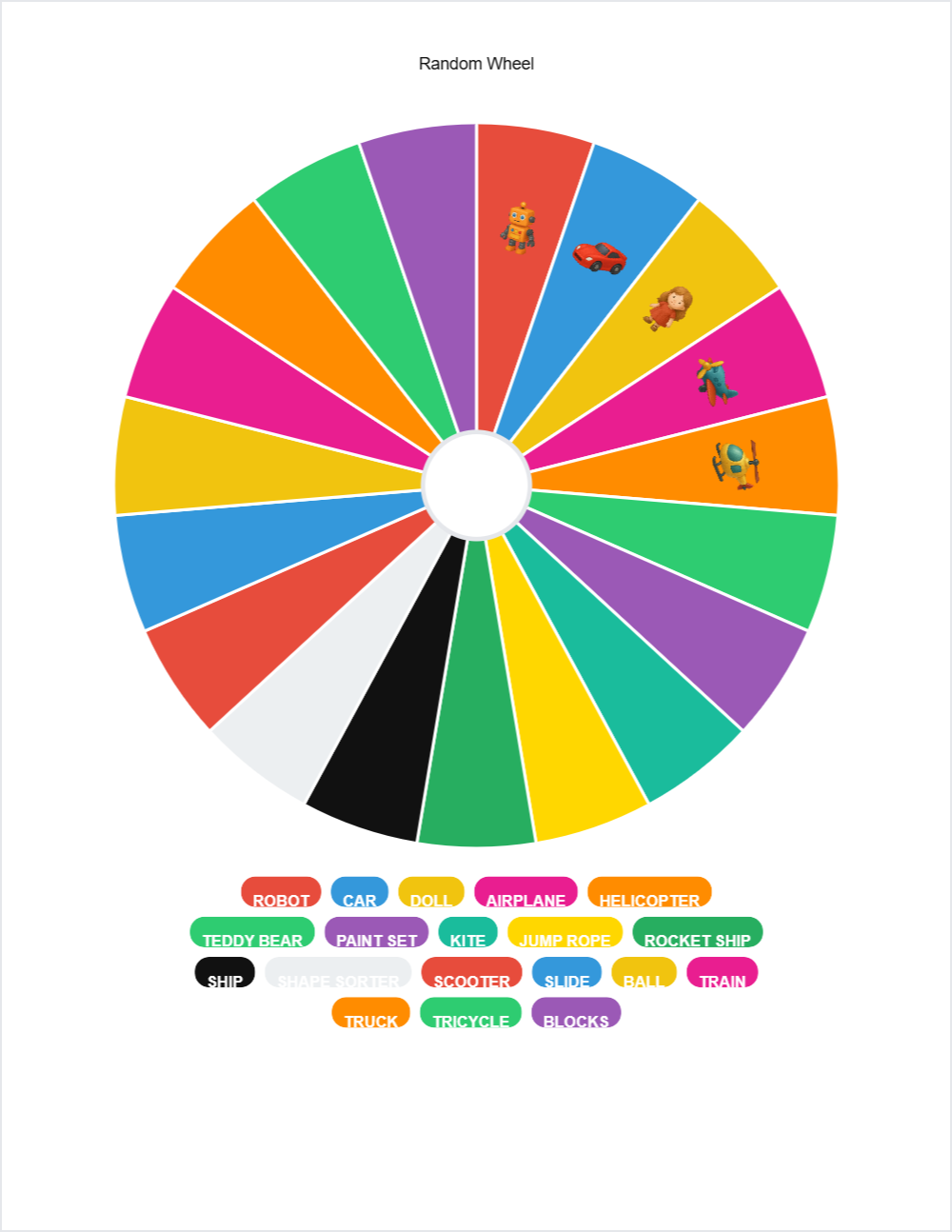 🪁 Toys and Games randomwheel — printable worksheet preview — for Pre-K, Kindergarten, 1st Grade