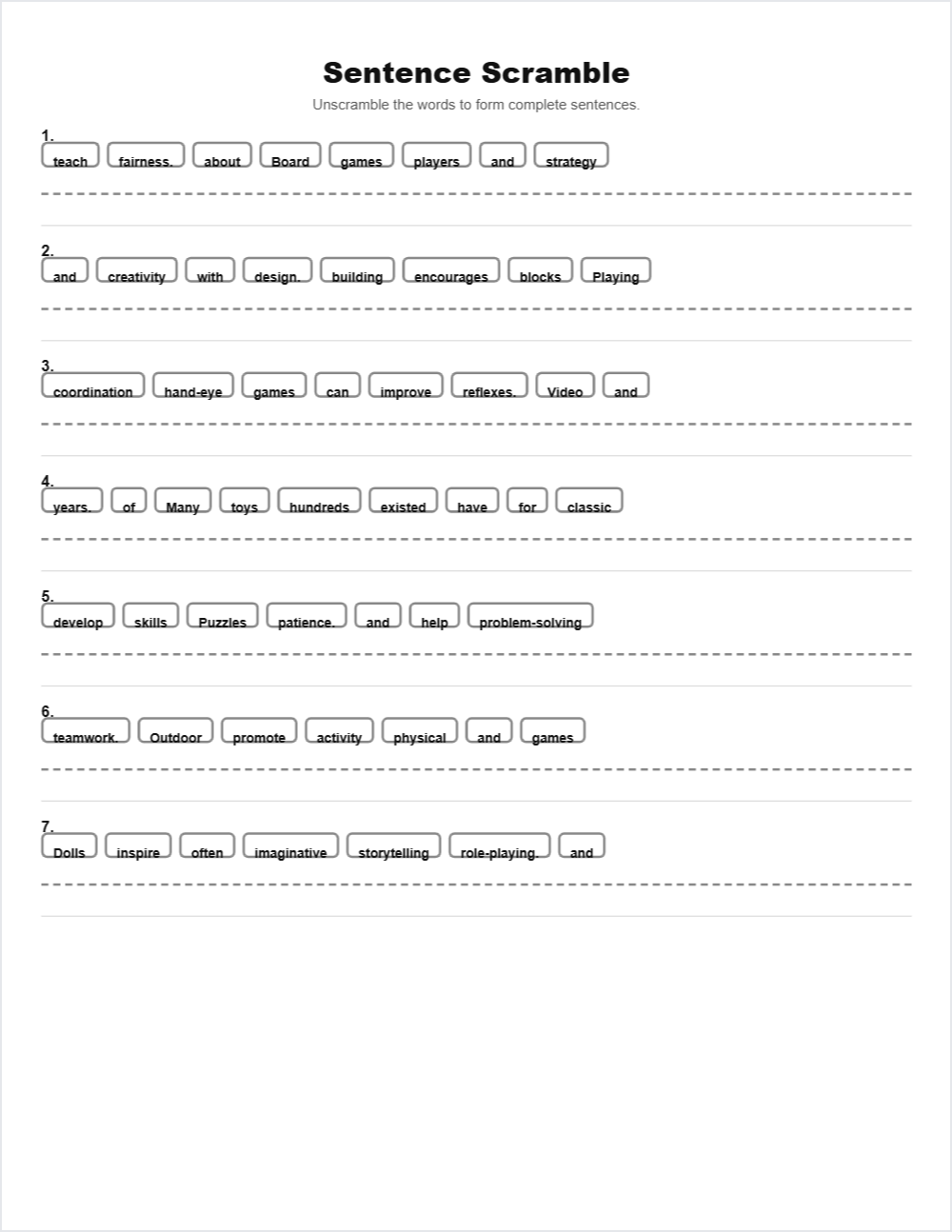 🪁 Toys and Games sentence scramble — printable worksheet preview — for 2nd Grade, 3rd Grade, 4th Grade, 5th Grade, 1st Grade