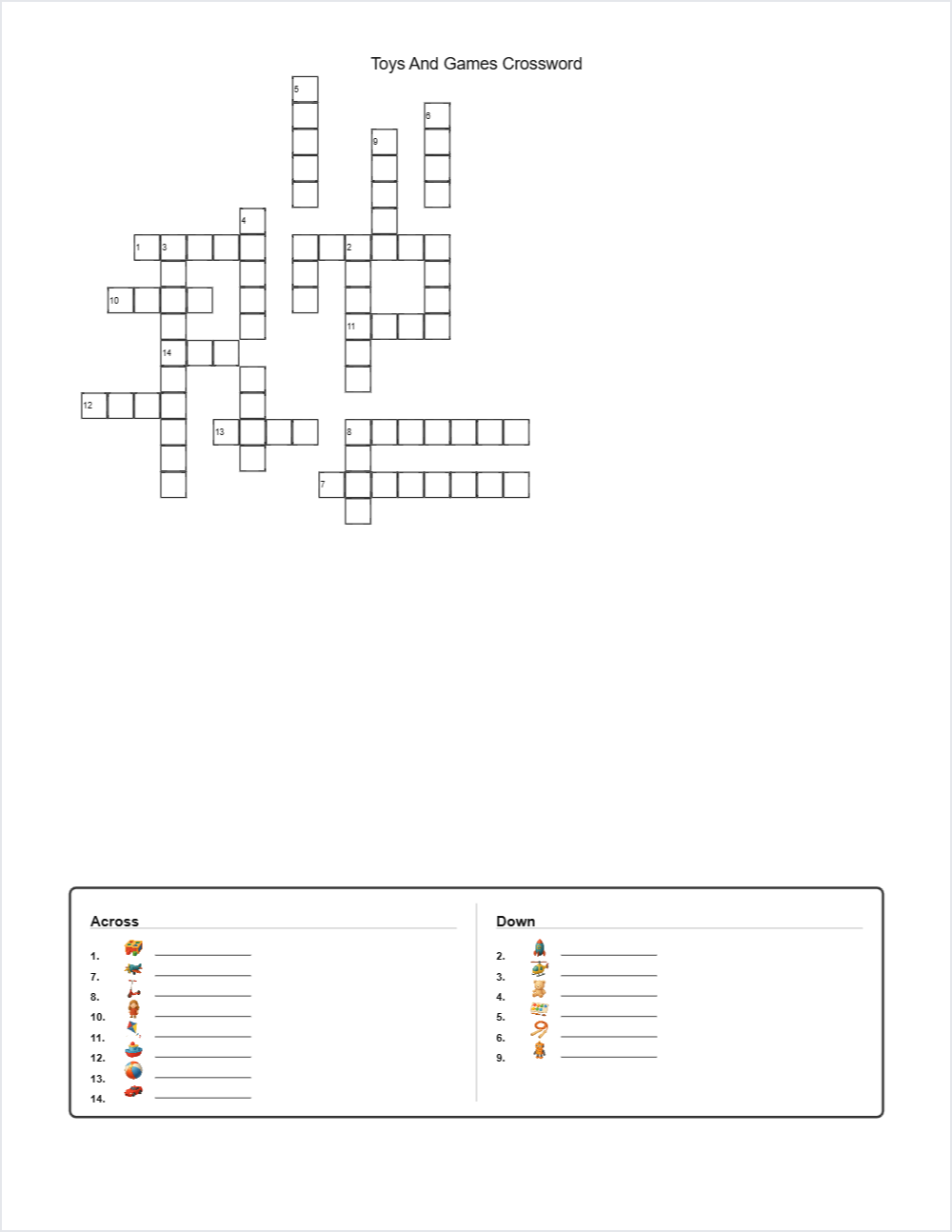 🪁 Toys and Games crossword — printable worksheet preview — for Pre-K, Kindergarten, 1st Grade, 2nd Grade