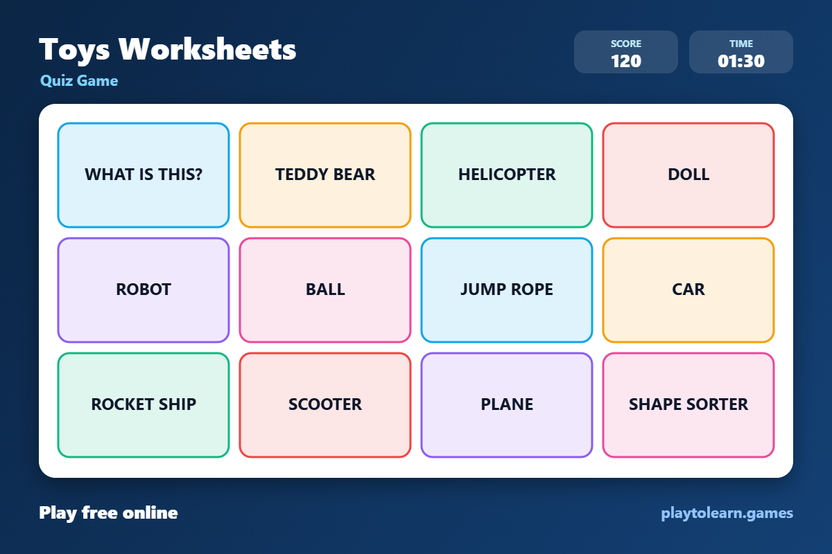 🪁 Toys and Games quiz game — printable worksheet preview — for Pre-K, Kindergarten, 1st Grade, 2nd Grade