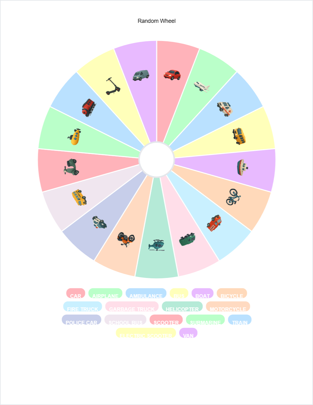 🚗 Transportation randomwheel — printable worksheet preview — for Pre-K, Kindergarten, 1st Grade, 2nd Grade