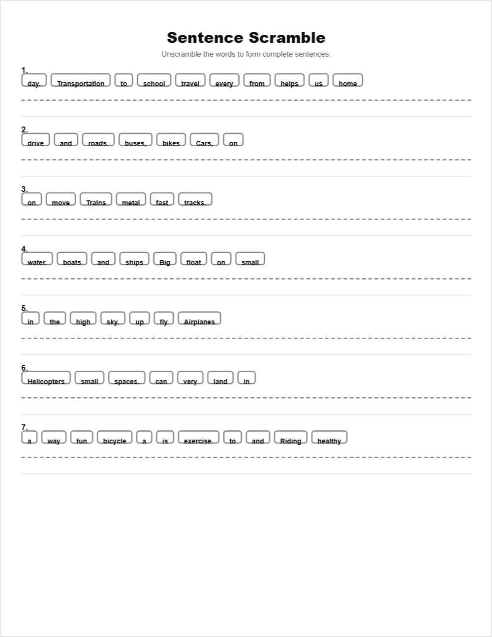 🚗 Transportation sentence scramble — printable worksheet preview — for 1st Grade, 2nd Grade, 3rd Grade, 4th Grade