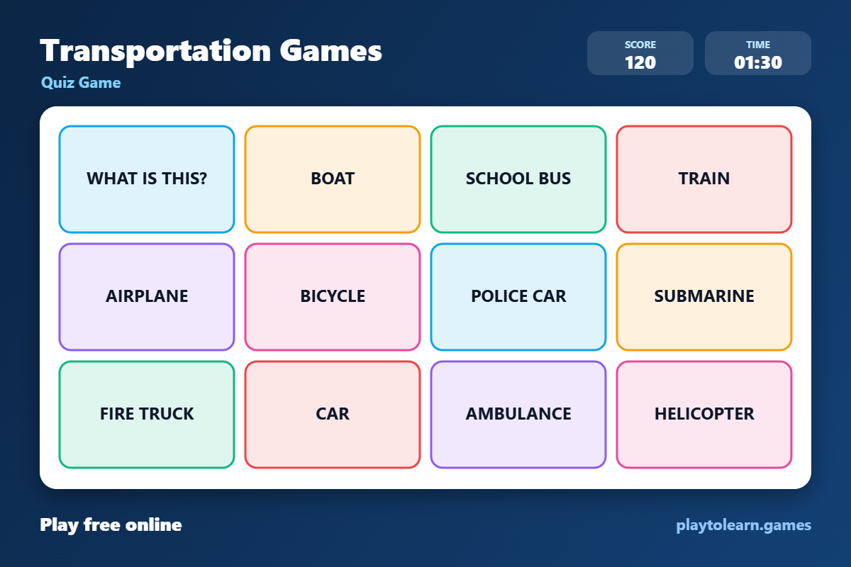 🚗 Transportation quiz game — printable worksheet preview — for 1st Grade, 2nd Grade, 3rd Grade
