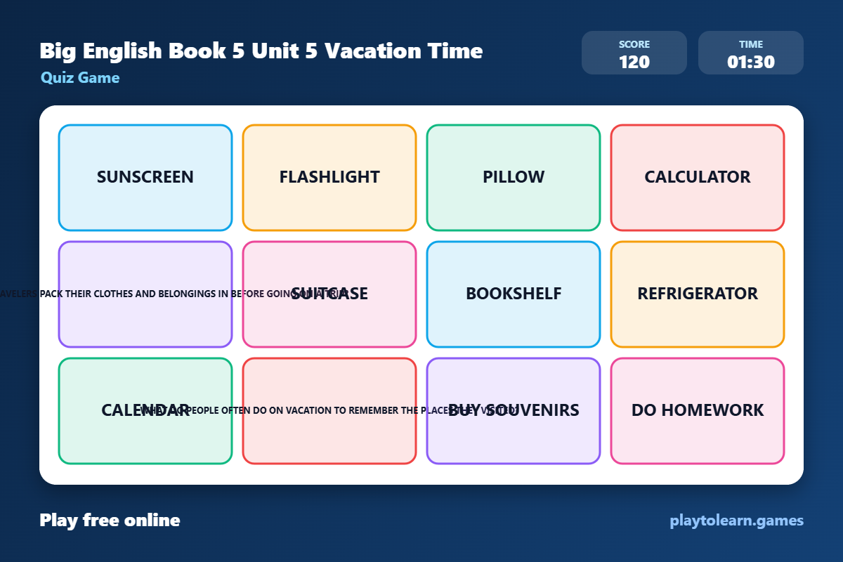 🧳 Travel & Vacation quiz game — printable worksheet preview — for 2nd Grade, 1st Grade, 3rd Grade