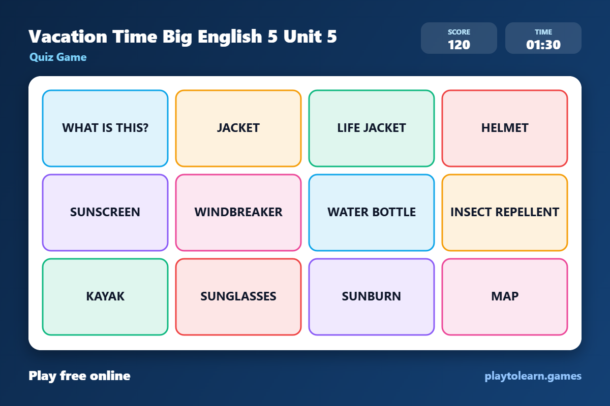 🧳 Travel & Vacation quiz game — printable worksheet preview — for 1st Grade, 2nd Grade, 3rd Grade
