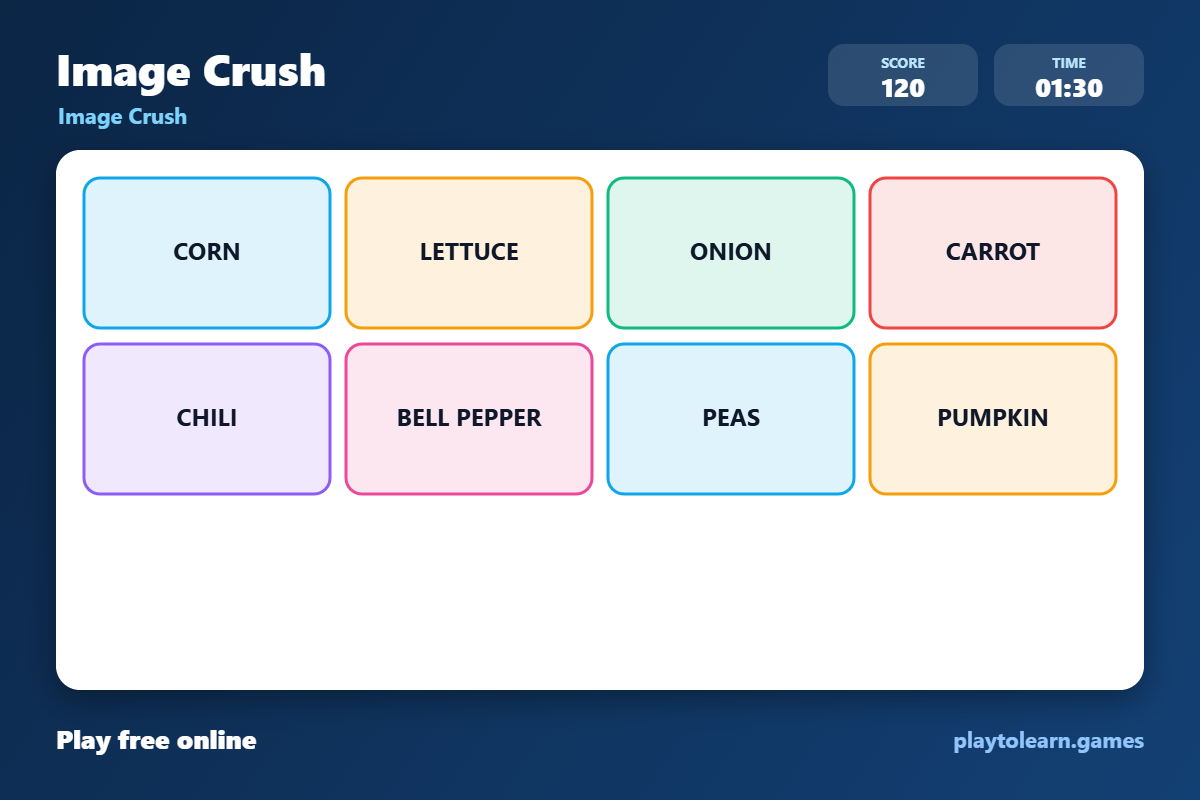 🥕 Vegetables image crush — printable worksheet preview — for Kindergarten, 1st Grade, 2nd Grade, 3rd Grade