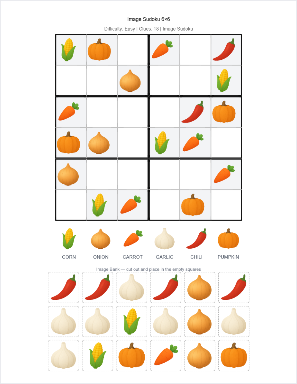 🥕 Vegetables sudoku — printable worksheet preview — for Kindergarten, 1st Grade, 2nd Grade, 3rd Grade, 4th Grade