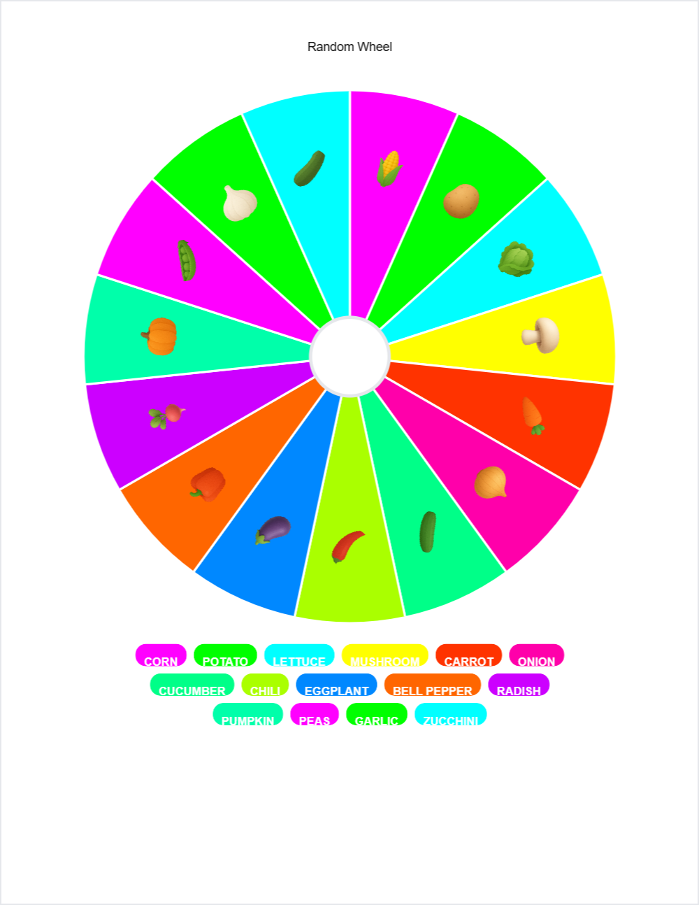 🥕 Vegetables randomwheel — printable worksheet preview — for 1st Grade, 2nd Grade, 3rd Grade