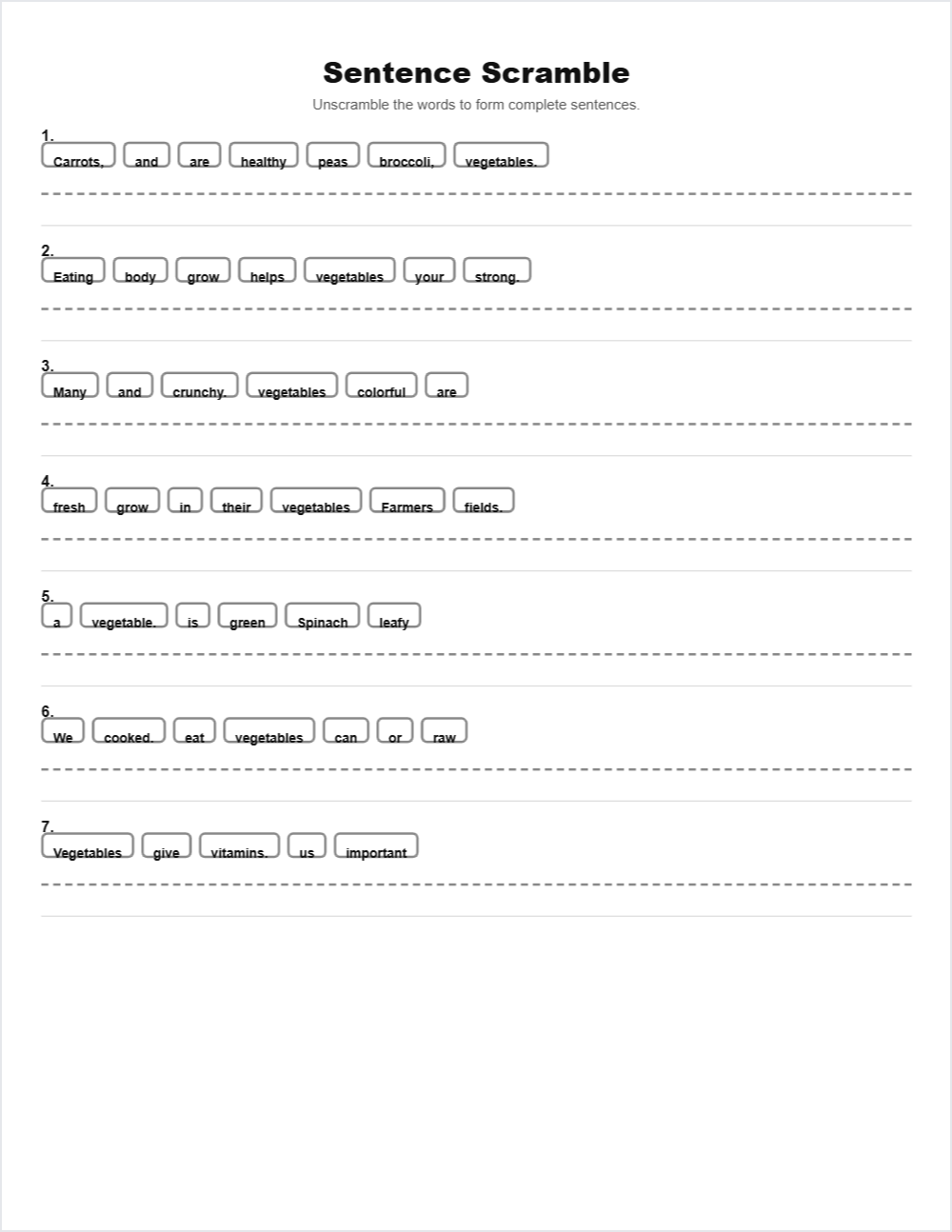 🥕 Vegetables sentence scramble — printable worksheet preview — for Kindergarten, 1st Grade, 2nd Grade, 3rd Grade