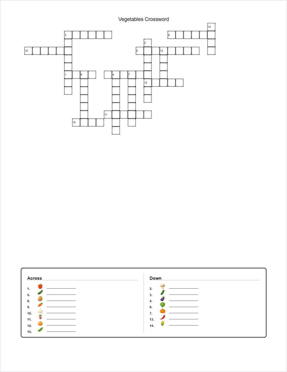 🥕 Vegetables crossword — printable worksheet preview — for 1st Grade, 2nd Grade