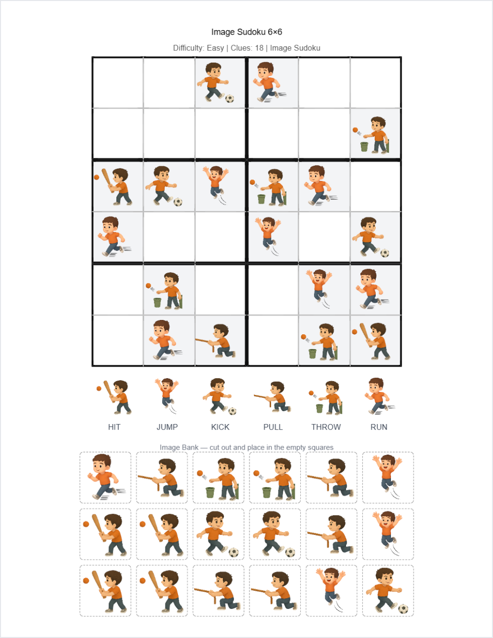 Verbs Action Words sudoku — printable worksheet preview — for Kindergarten, 1st Grade, 2nd Grade