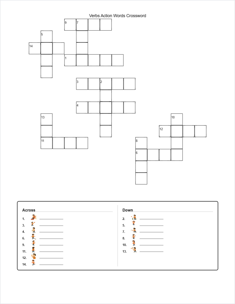 Verbs Action Words crossword — printable worksheet preview — for 1st Grade, 2nd Grade, 3rd Grade