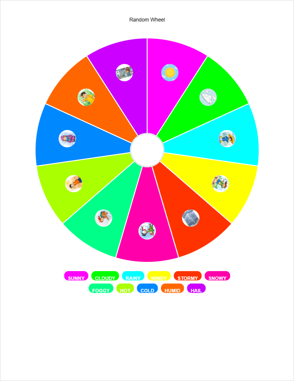 ☀️ Weather randomwheel — printable worksheet preview — for Pre-K, Kindergarten, 1st Grade, 2nd Grade
