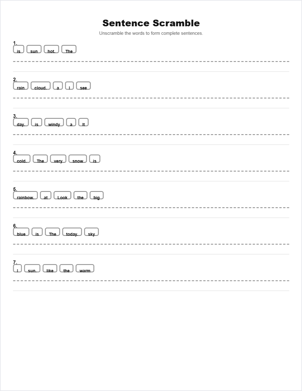 ☀️ Weather sentence scramble — printable worksheet preview — for 1st Grade, Kindergarten, 2nd Grade