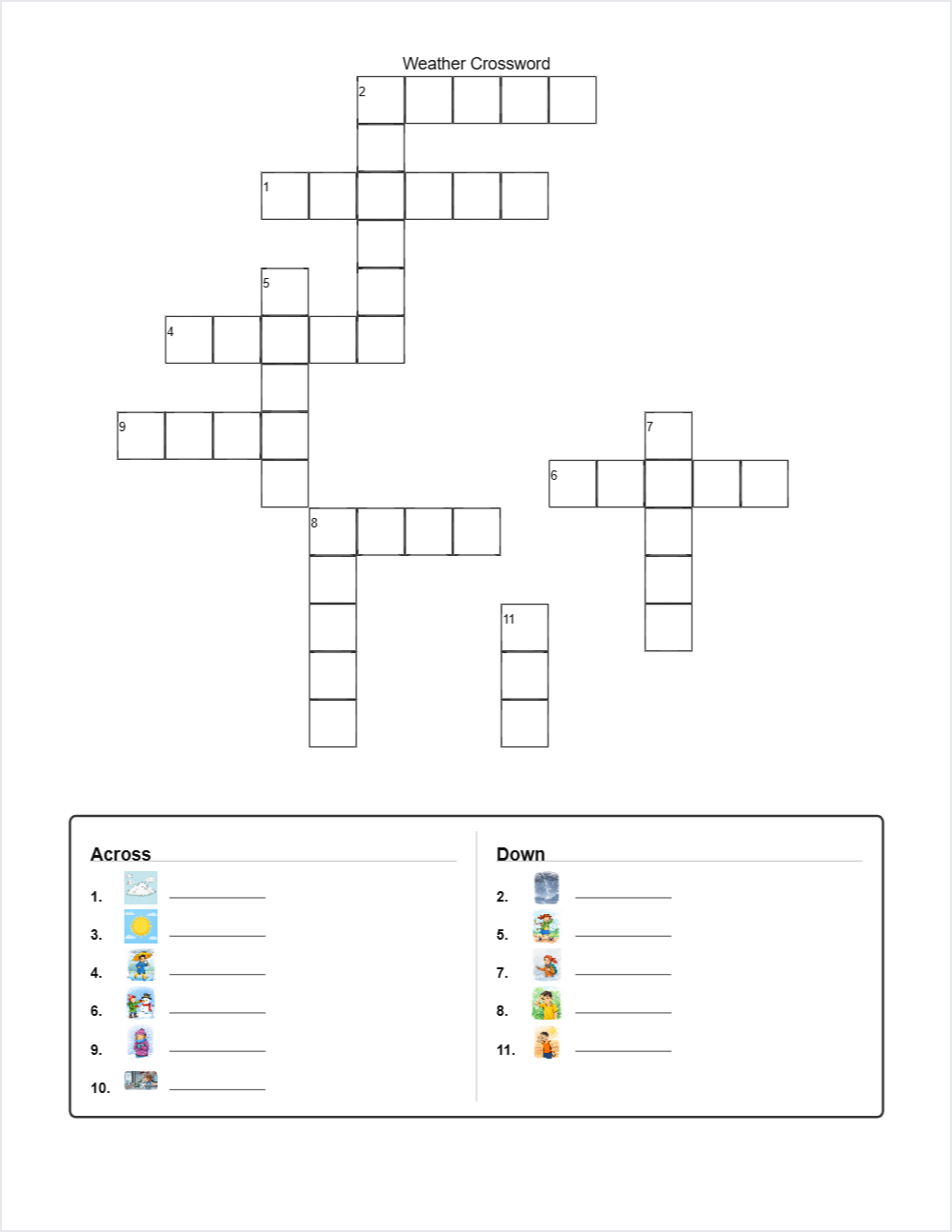 ☀️ Weather crossword — printable worksheet preview — for Kindergarten, 2nd Grade, 3rd Grade, 1st Grade