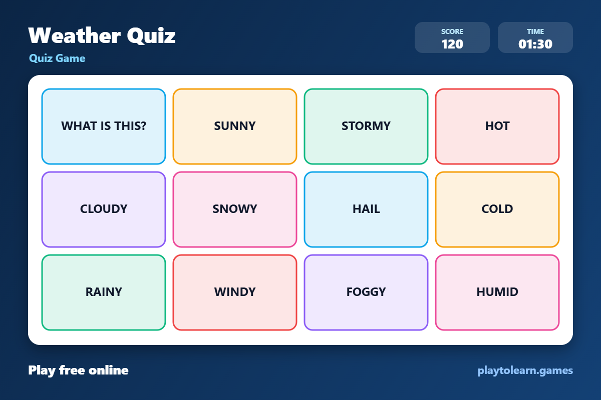 ☀️ Weather quiz game — printable worksheet preview — for Kindergarten, 1st Grade, 2nd Grade, 3rd Grade
