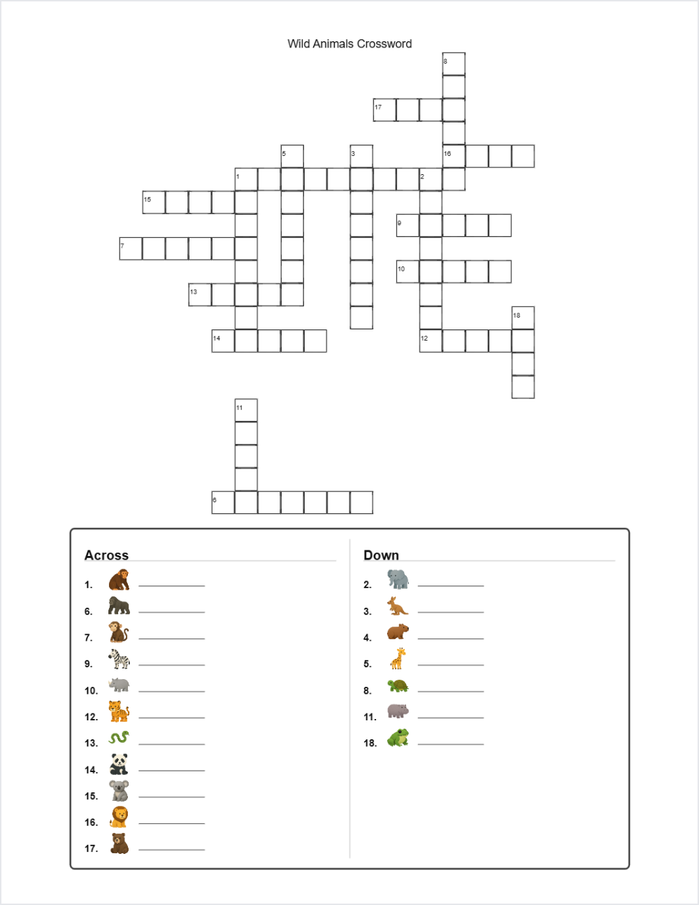 🐆 Wild Animals crossword — printable worksheet preview — for 1st Grade, Kindergarten, 2nd Grade