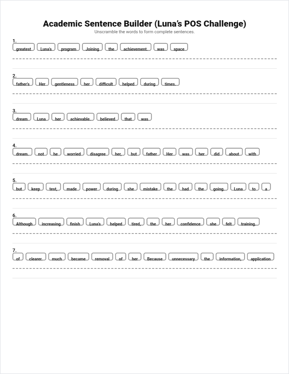 🎨 Art & Creativity sentence scramble — printable worksheet preview — for 5th Grade, 4th Grade, 3rd Grade, 2nd Grade, 1st Grade, Pre-K, Kindergarten
