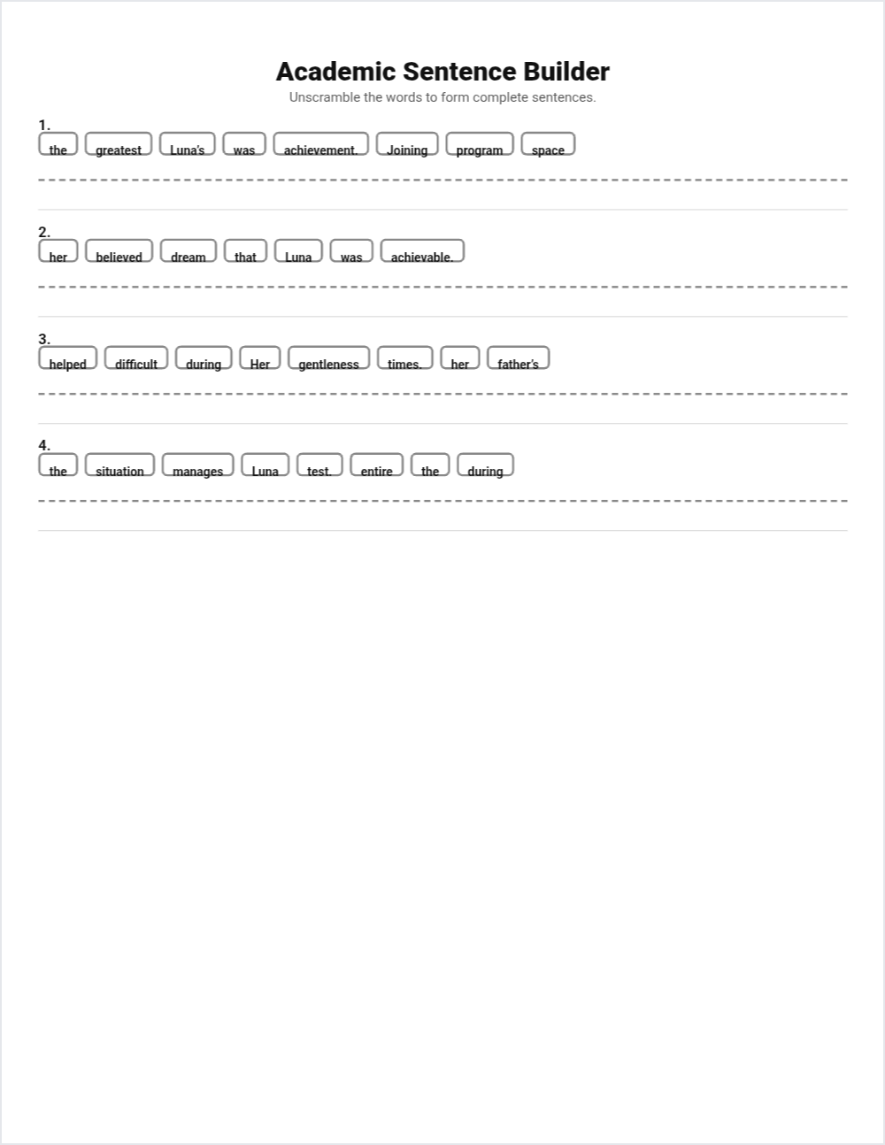 🎨 Art & Creativity sentence scramble — printable worksheet preview — for Pre-K, Kindergarten, 1st Grade, 2nd Grade, 4th Grade, 3rd Grade, 5th Grade