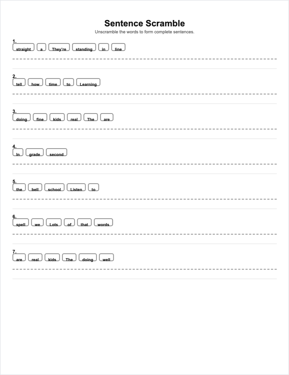 Verbs Action Words sentence scramble — printable worksheet preview — for 2nd Grade