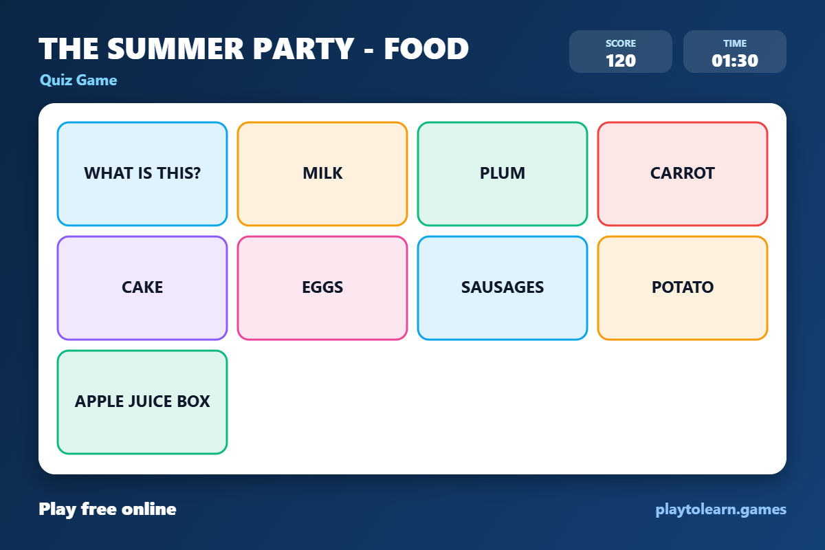 Food and Drinks quiz game — printable worksheet preview — for Kindergarten