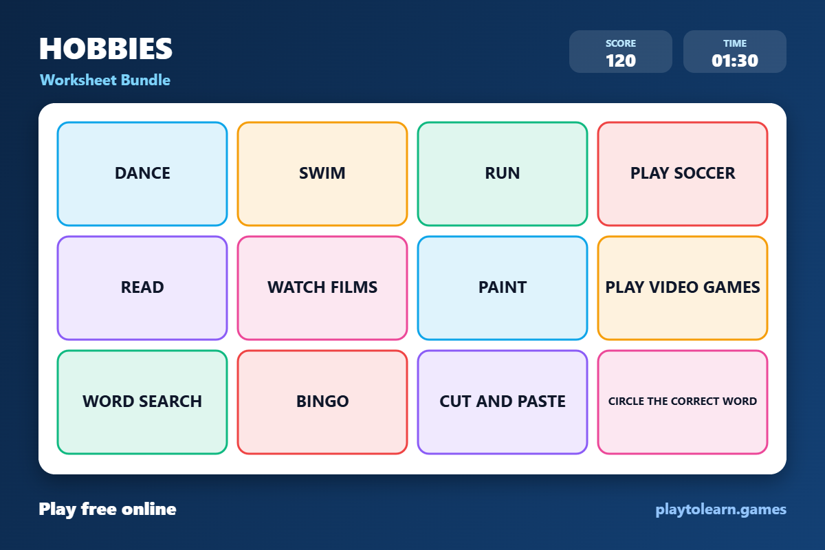 🎮 Hobbies and Free Time worksheet bundle — printable worksheet preview — for Kindergarten, 1st Grade