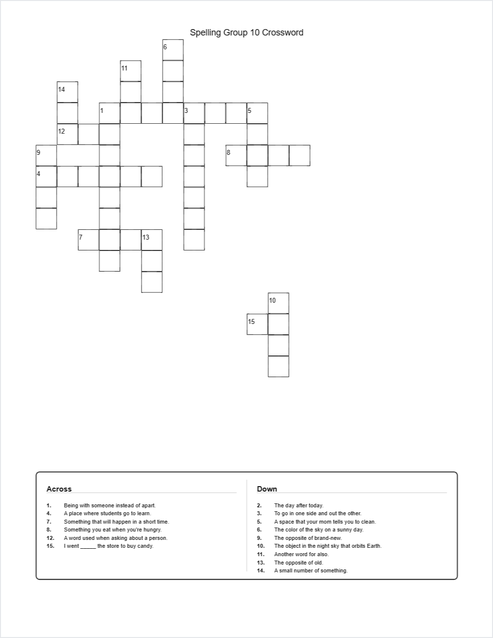 Spelling Group 10 crossword — printable worksheet preview — for 6th Grade, 8th Grade