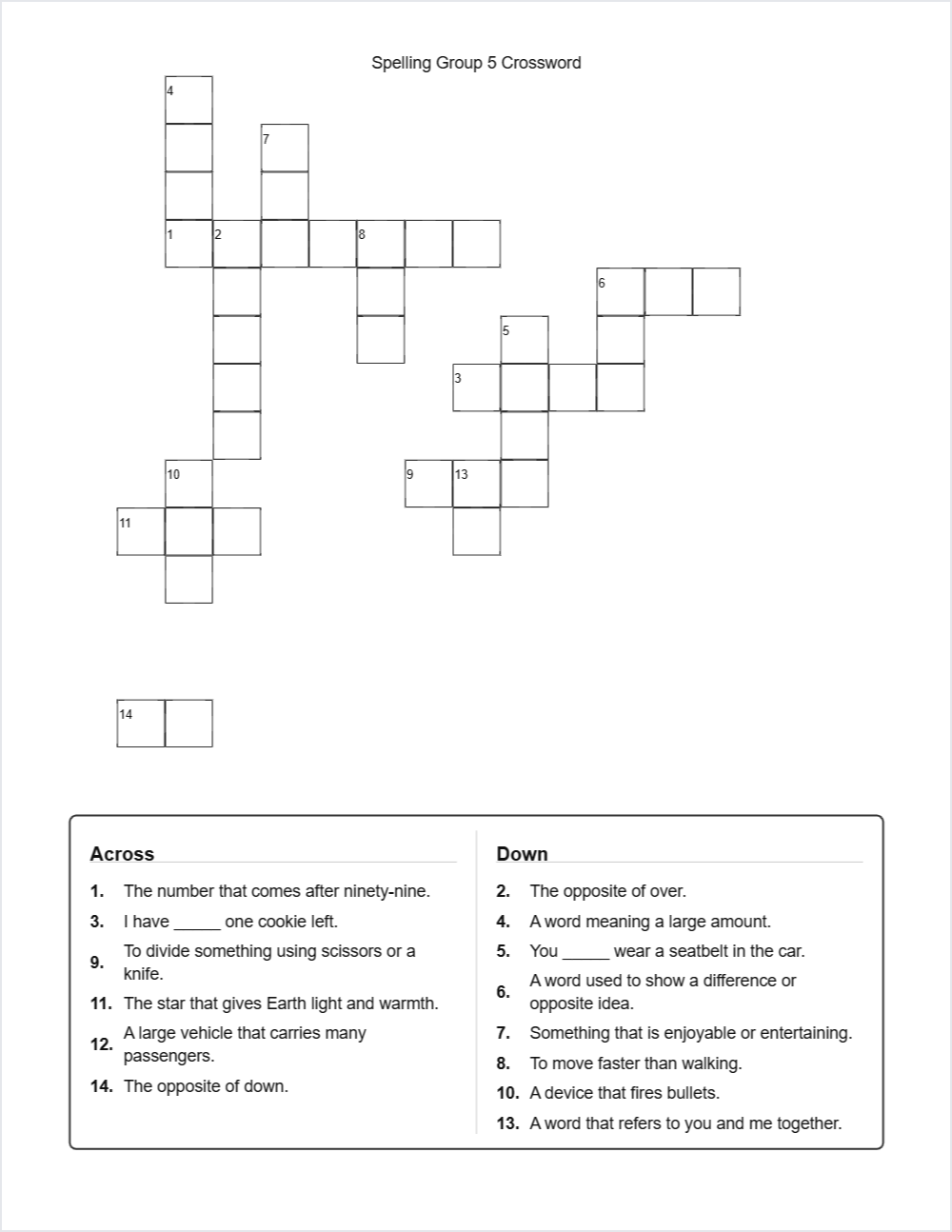 Spelling Group 5 crossword — printable worksheet preview — for 6th Grade, 8th Grade